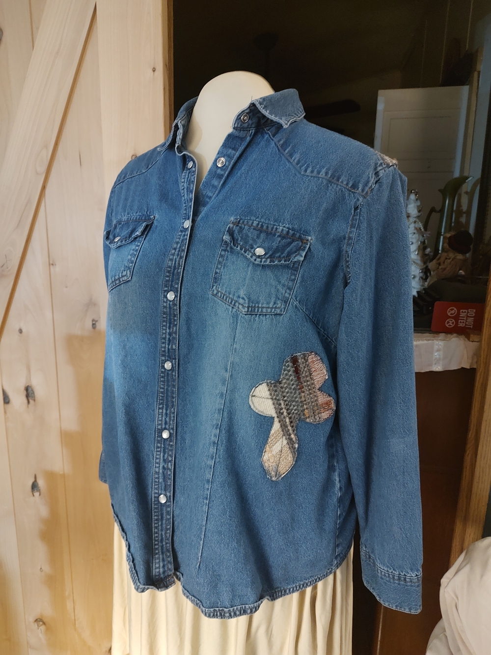 Denim Button-Down Shirt with Patch Detail - Blue
